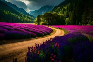 lavender field with dirt road and mountains in the background. AI-Generated photo