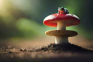 a frog sits on top of a mushroom. AI-Generated photo