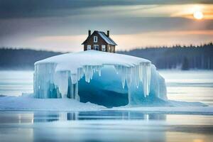 un casa en un iceberg en el medio de el agua. generado por ai foto