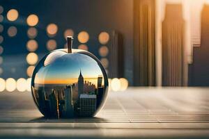 an apple with a cityscape in the reflection. AI-Generated photo