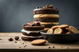 a stack of cookies and a bowl of chocolate cake. AI-Generated photo