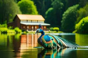 un pavo real es en pie en el agua cerca un casa. generado por ai foto