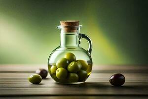 olives in a glass bottle on a wooden table. AI-Generated photo