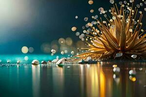 a golden flower with water droplets on it. AI-Generated photo