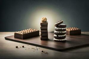 chocolate bars on a wooden board with nuts. AI-Generated photo