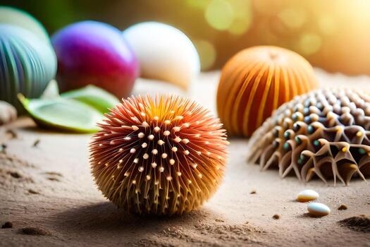 un grupo de vistoso puntiagudo pelotas en el arena. generado por ai foto