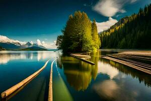 un lago con arboles y un montaña en el antecedentes. generado por ai foto