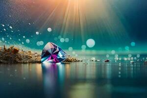 a diamond is sitting on the water with a light shining on it. AI-Generated photo