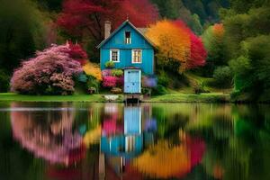 un azul casa es reflejado en el agua. generado por ai foto