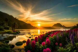 the sun sets over a lake with flowers and plants. AI-Generated photo