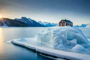 an iceberg with a red house on top. AI-Generated photo