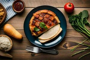 un plato con comida en eso y un tenedor. generado por ai foto