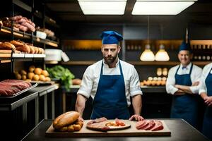 three men in aprons standing in a kitchen. AI-Generated photo