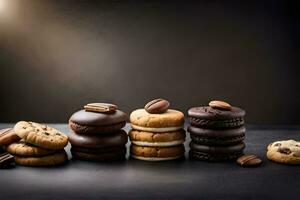 chocolate cookies and pecans on a dark background. AI-Generated photo