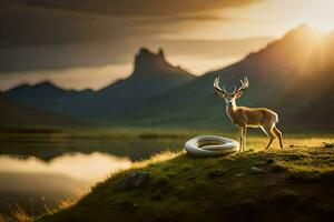 a deer stands on a hill overlooking a lake and mountains. AI-Generated photo