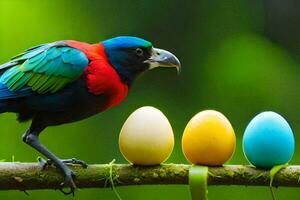 a colorful bird sits on a branch with four eggs. AI-Generated photo