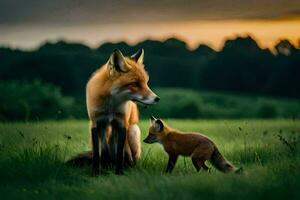 un zorro y su cachorro en un campo a puesta de sol. generado por ai foto