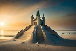 a castle on the beach at sunset. AI-Generated photo