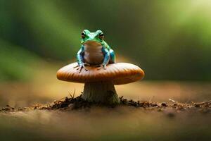 a frog sits on top of a mushroom in the forest. AI-Generated photo