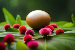 a golden ball sitting on top of some green leaves. AI-Generated photo