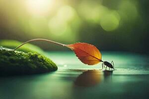 a leaf is sitting on the ground with a bug on it. AI-Generated photo