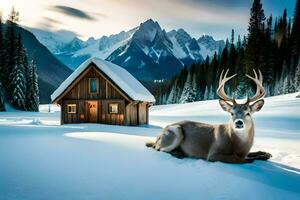 deer in the snow with cabin in the background. AI-Generated photo