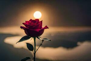 a single red rose is in front of the sun. AI-Generated photo