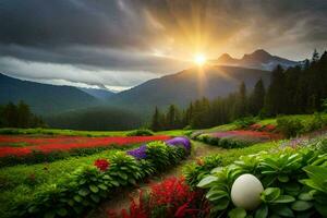 photo wallpaper the sky, flowers, mountains, flowers, the sun, flowers, flowers, flowers. AI-Generated