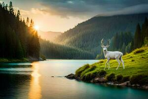 a white deer stands on the edge of a lake at sunset. AI-Generated photo