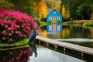 a blue house with pink flowers and a peacock standing on a dock. AI-Generated photo