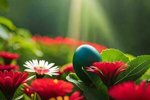 a blue egg is in the middle of a field of flowers. AI-Generated photo