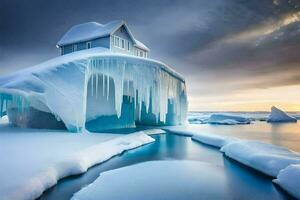 un casa hecho de hielo en el apuntalar de un lago. generado por ai foto