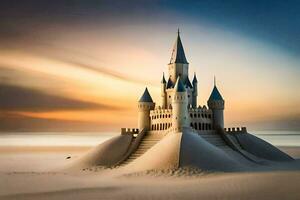a castle made of sand on the beach. AI-Generated photo