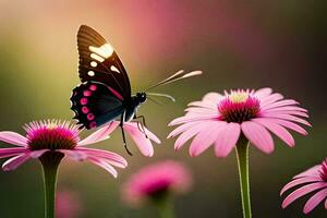 un mariposa es sentado en un rosado flor. generado por ai foto