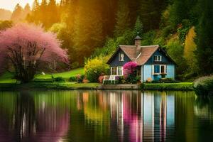 beautiful cottage on the lake with a pink tree. AI-Generated photo