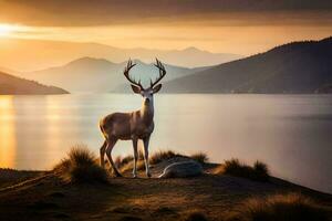 a deer stands on the edge of a mountain overlooking a lake. AI-Generated photo