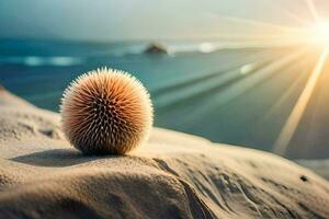 a spiky ball sits on top of a sand dune. AI-Generated photo