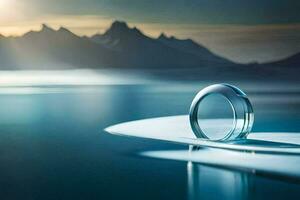 a ring sitting on top of a lake with mountains in the background. AI-Generated photo