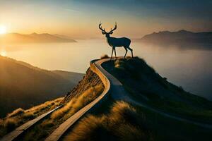 a deer stands on a mountain overlooking the ocean. AI-Generated photo