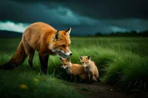 un madre zorro y su dos cachorros en un campo. generado por ai foto