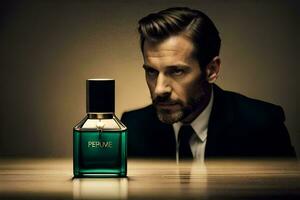 a man in a suit and tie looking at a bottle of perfume. AI-Generated photo