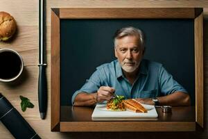 un más viejo hombre comiendo un emparedado en un de madera mesa. generado por ai foto