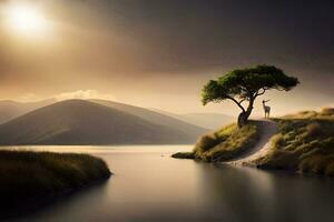 a lone tree stands on a hill overlooking a lake. AI-Generated photo