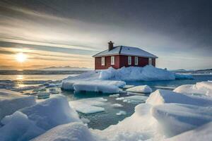 un rojo casa se sienta en parte superior de un iceberg en el medio de el océano. generado por ai foto