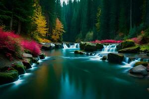 a beautiful river flowing through a forest with colorful trees. AI-Generated photo