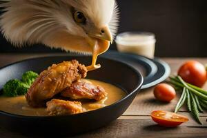 an eagle is eating chicken with broccoli and tomatoes. AI-Generated photo