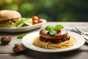 a plate with spaghetti and a burger on it. AI-Generated photo