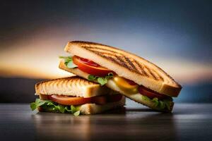 two grilled sandwiches with tomatoes and cheese on a wooden table. AI-Generated photo