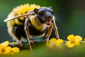 un abeja con amarillo flores en sus atrás. generado por ai foto