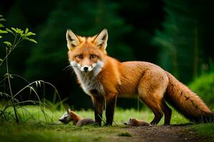 a fox and her cubs in the woods. AI-Generated photo